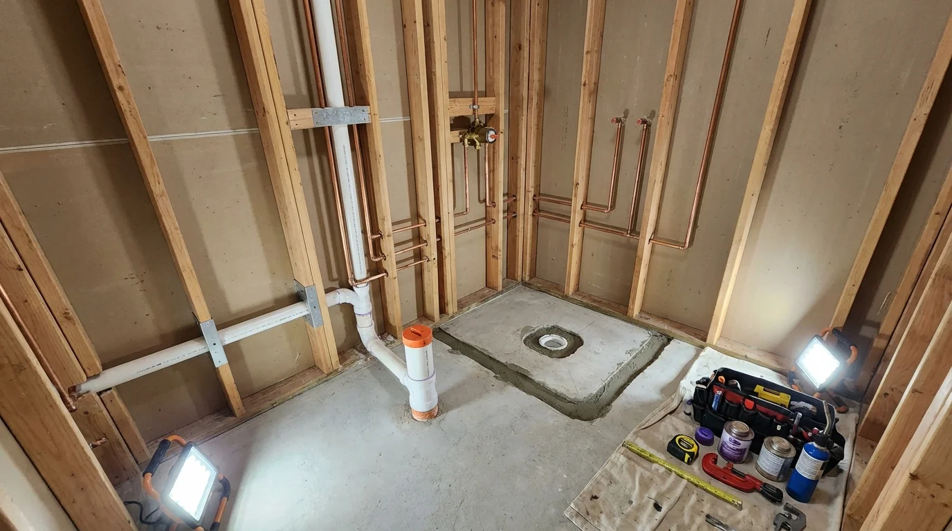 Bathroom rough-in plumbing during remodel by Johns Plumbing LLC in Somerville