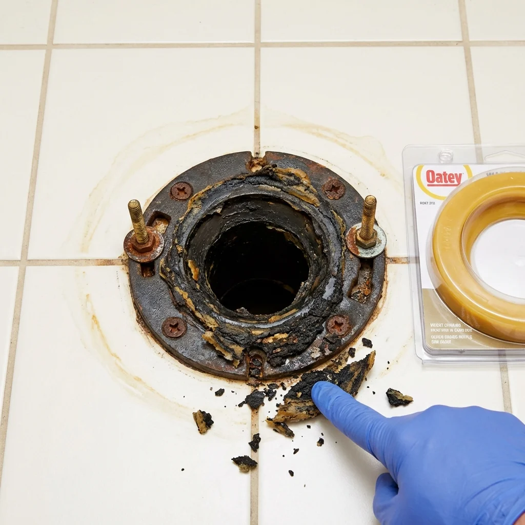 Failed wax ring showing water seepage at the base of a toilet in a Somerville, TN home