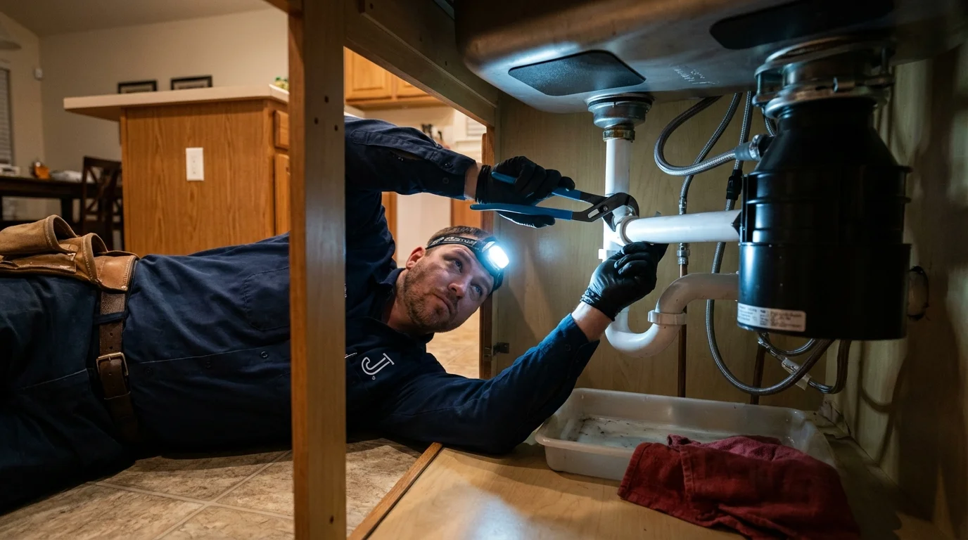 P-trap and supply line connections under a kitchen sink showing a common leak point in Somerville, TN